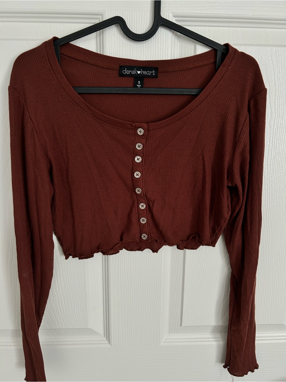 Derek Heart Ribbed Long Sleeve Button-Front Crop Top - Rust Brown